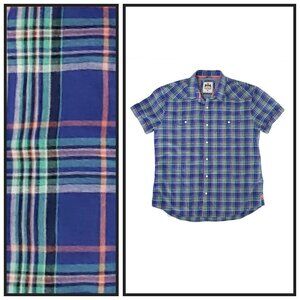 Express Men’s L Blue Plaid Snap Button Short Sleeve Shirt
